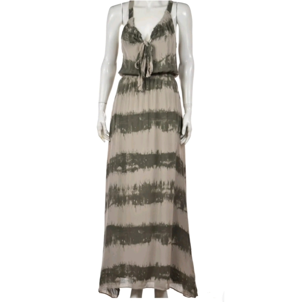 Parker Silk Split Neck Tie Blouson Smocked Waist Marbled Tie Dye Maxi Dress